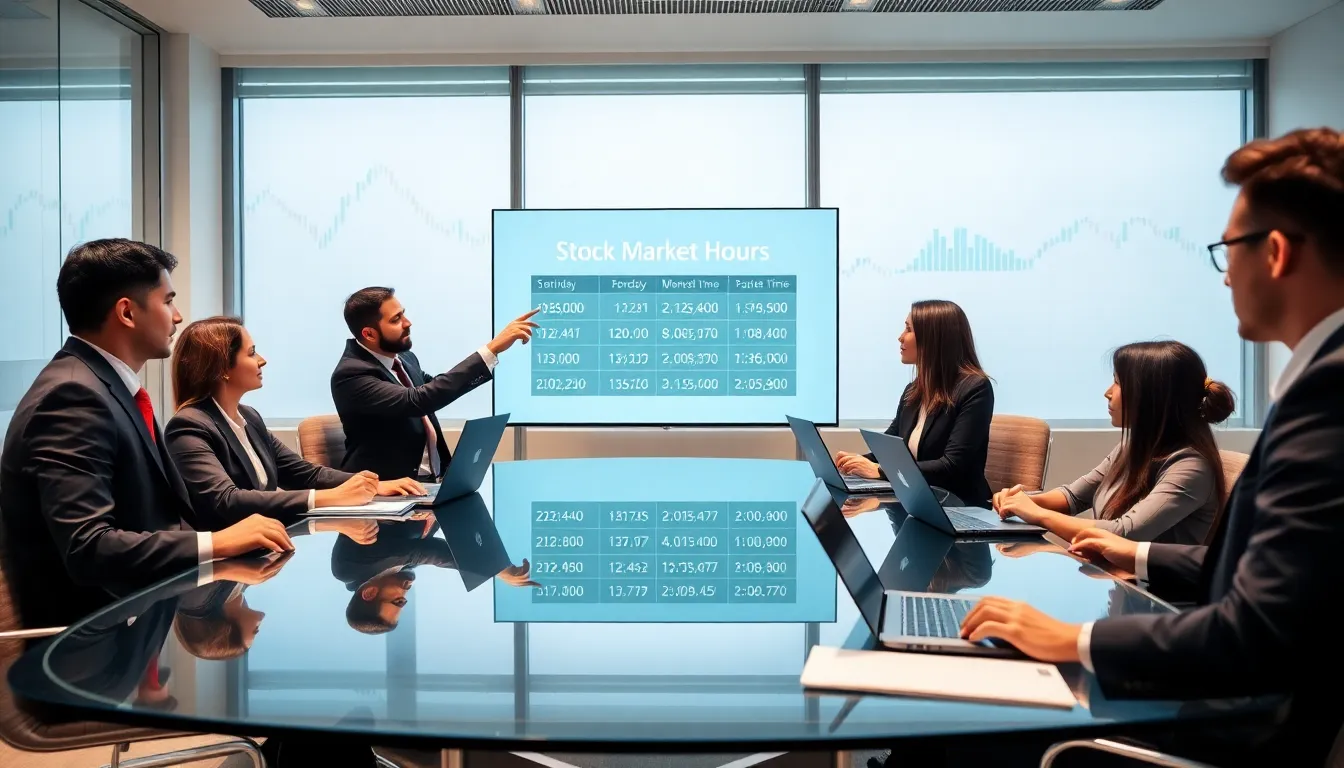 diverse finance professionals discussing stock market hours in a modern office.