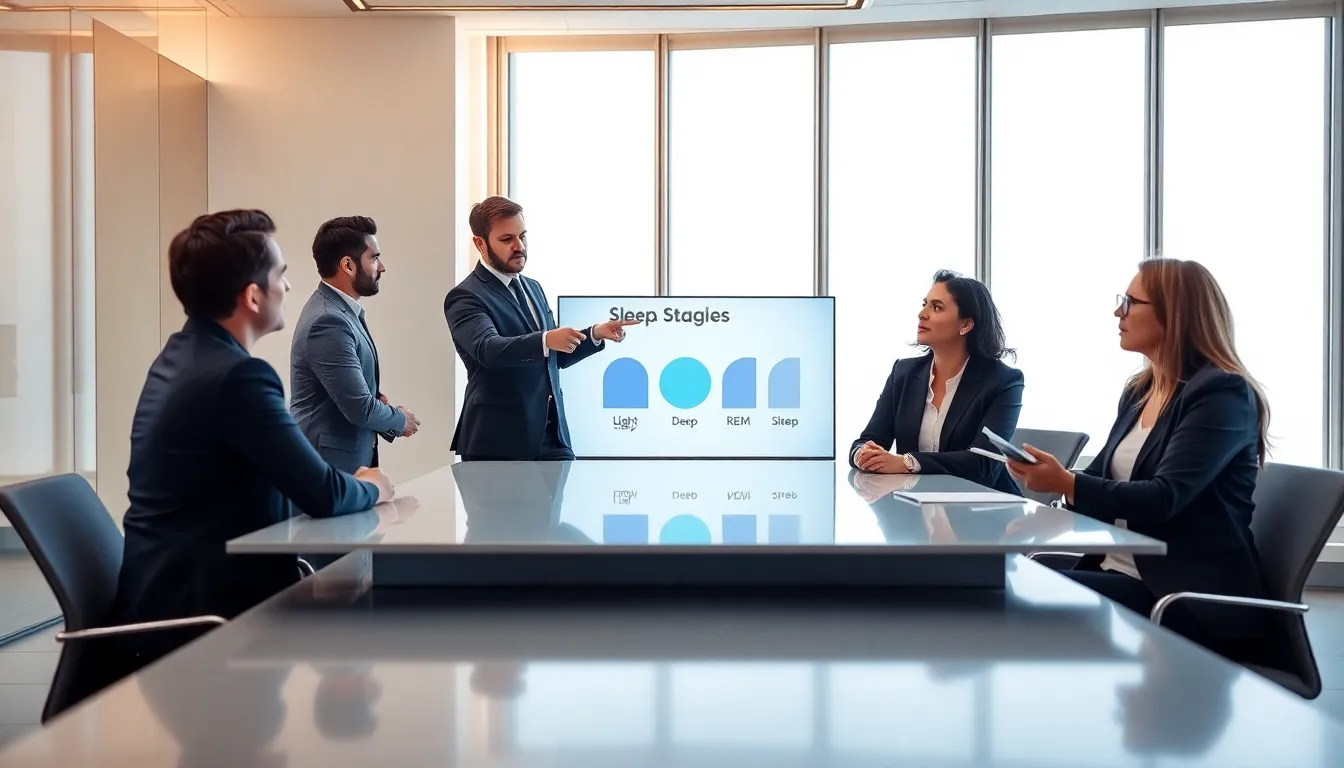 professionals discussing sleep stages in a modern office setting