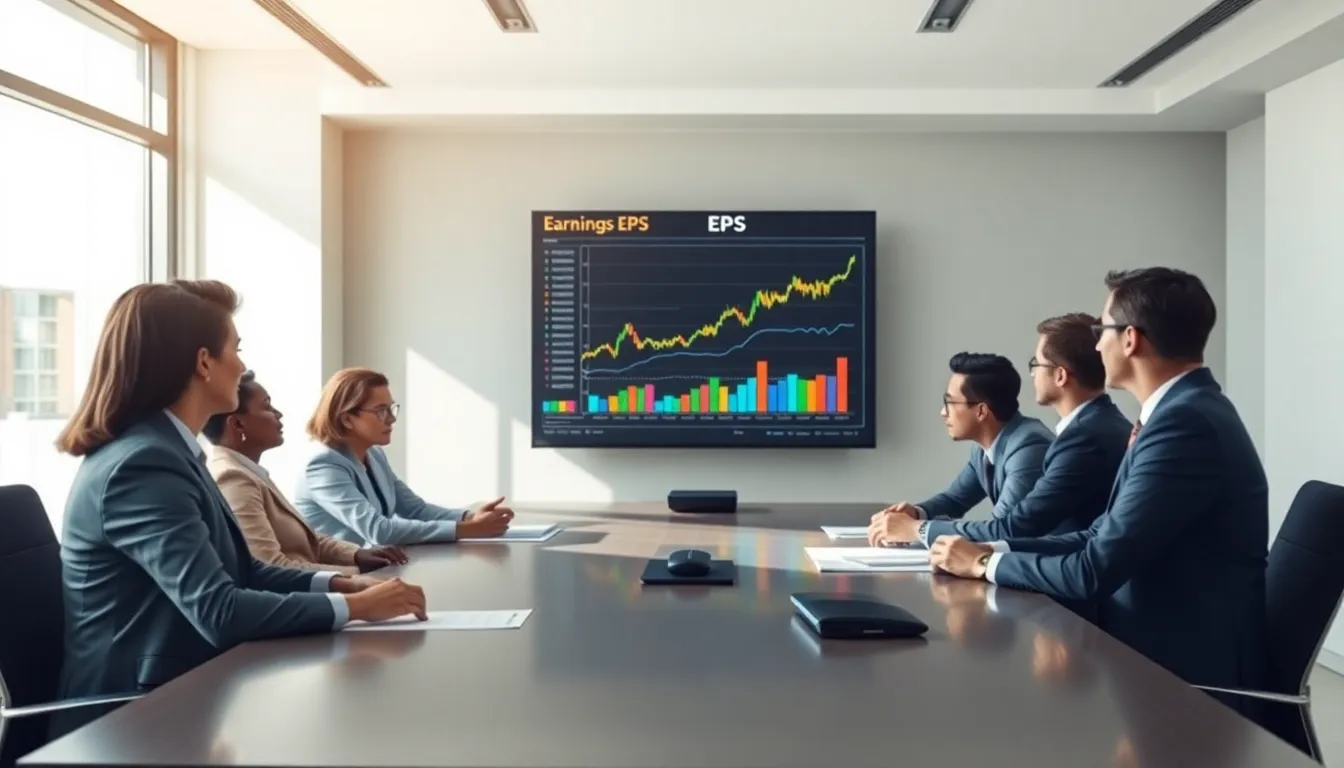 diverse finance team discussing earnings per share in a modern office.