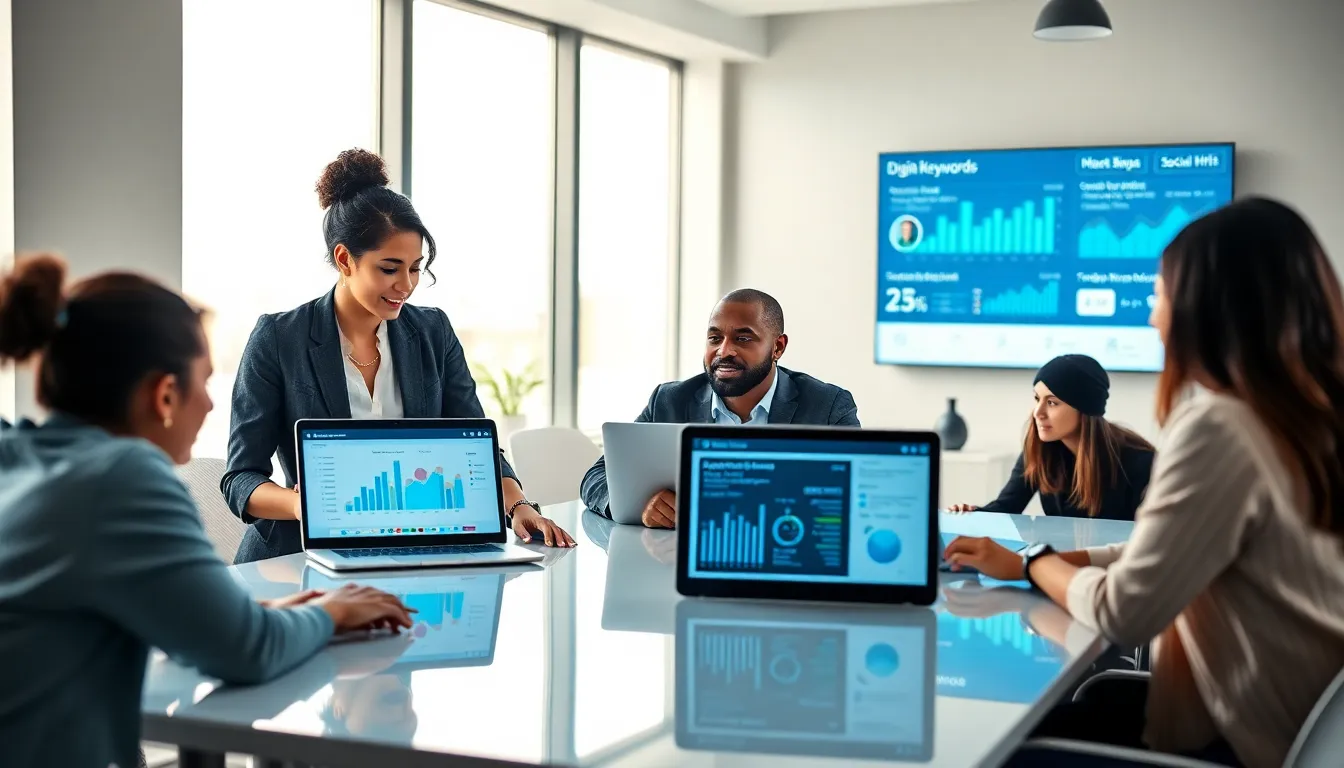 diverse team analyzing digital marketing data in a modern office.