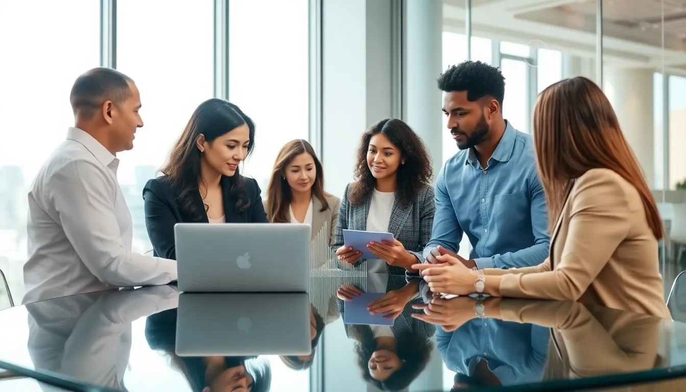 diverse team discussing data in a modern office.